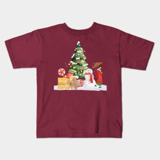 Woman and Snowman with Christmas Tree Kids T-Shirt